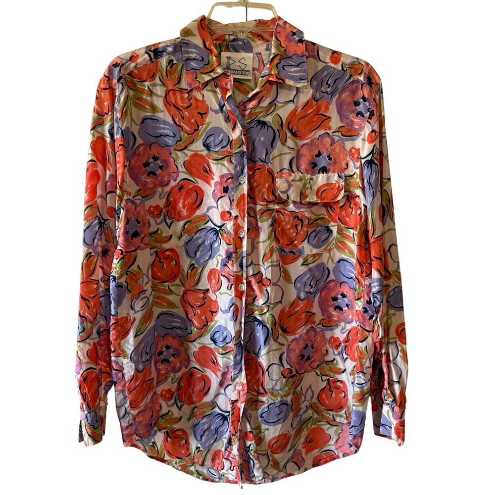 PS Studio Women's Silk Floral Button Down Shirt‎ Medium Long Sleeve Blouse